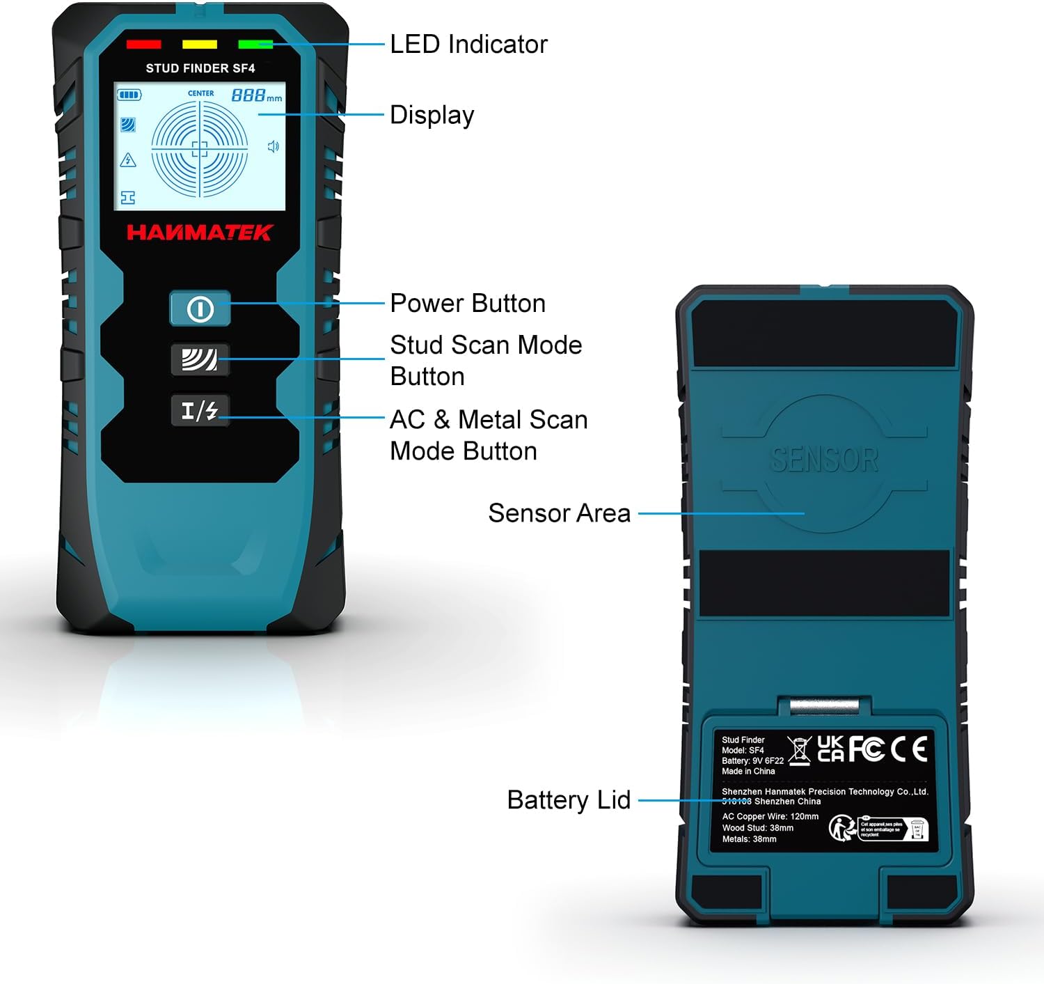 Labeled diagram of the HANMATEK SF4 stud finder showing LED indicator, display, power button, mode buttons, sensor area, and battery lid.