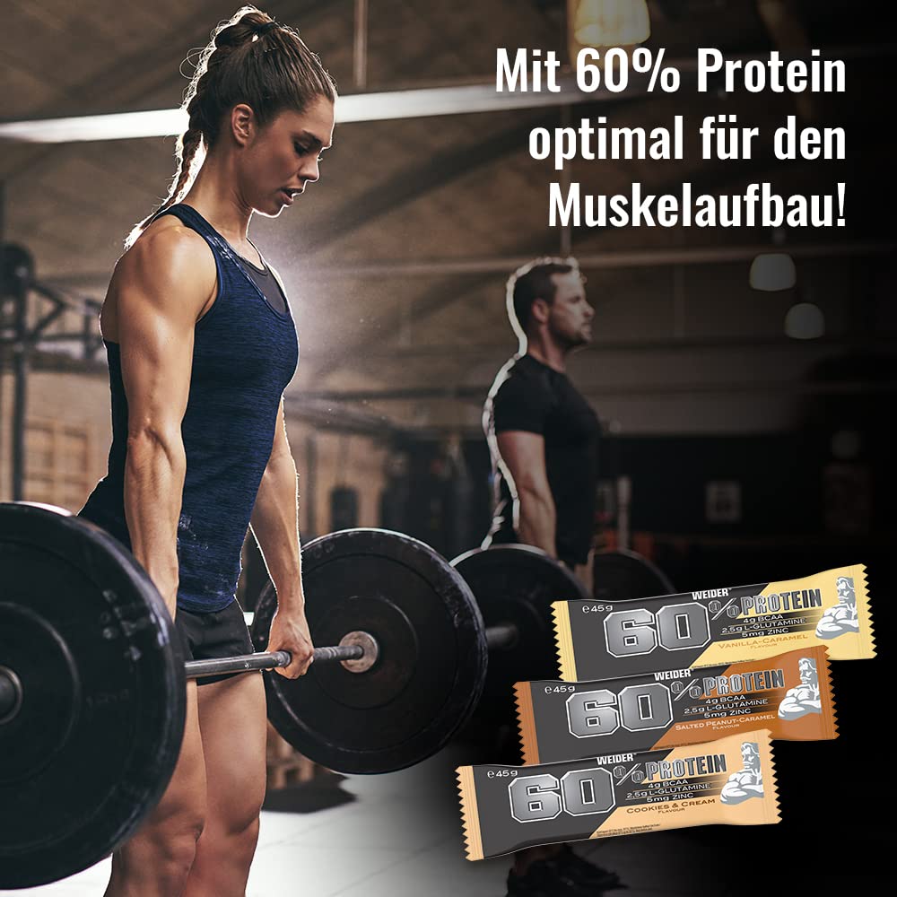 WEIDER 60% Proteinriegel, Eiweißriegel mit dem höchsten Proteingehalt auf dem Markt, High Protein Riegel mit Glutamin und BCAA für Muskelaufbau und Fitness, 24 Stück á 45g, Mix-Box