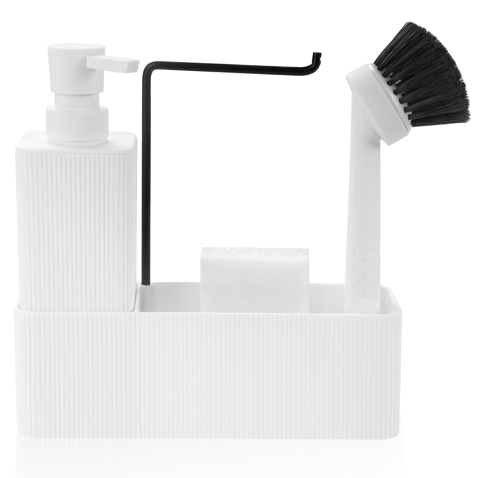Kitchen Soap Dispenser Set, Washing Up Liquid Dispenser White, Dish Soap Dispenser for Kitchen Washing Up Organiser with Brush Sponge Dishcloth Rack (White, 4 in 1)