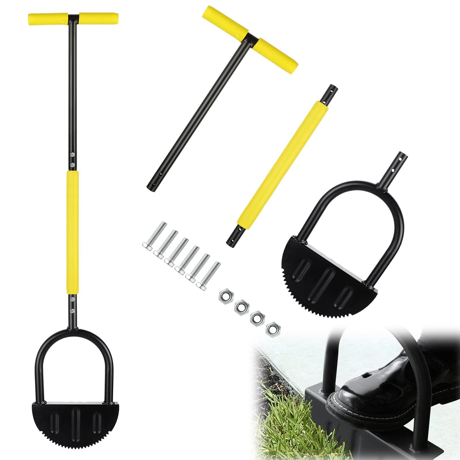 LOLYSIC Lawn Edging Tool, Saw Tooth Garden Lawn Edger Tool, T-Grip Long Handle Garden Edger Tool, Carbon Steel Half Moon Manual Borders Step Edger for Patio Sidewalk Driveway