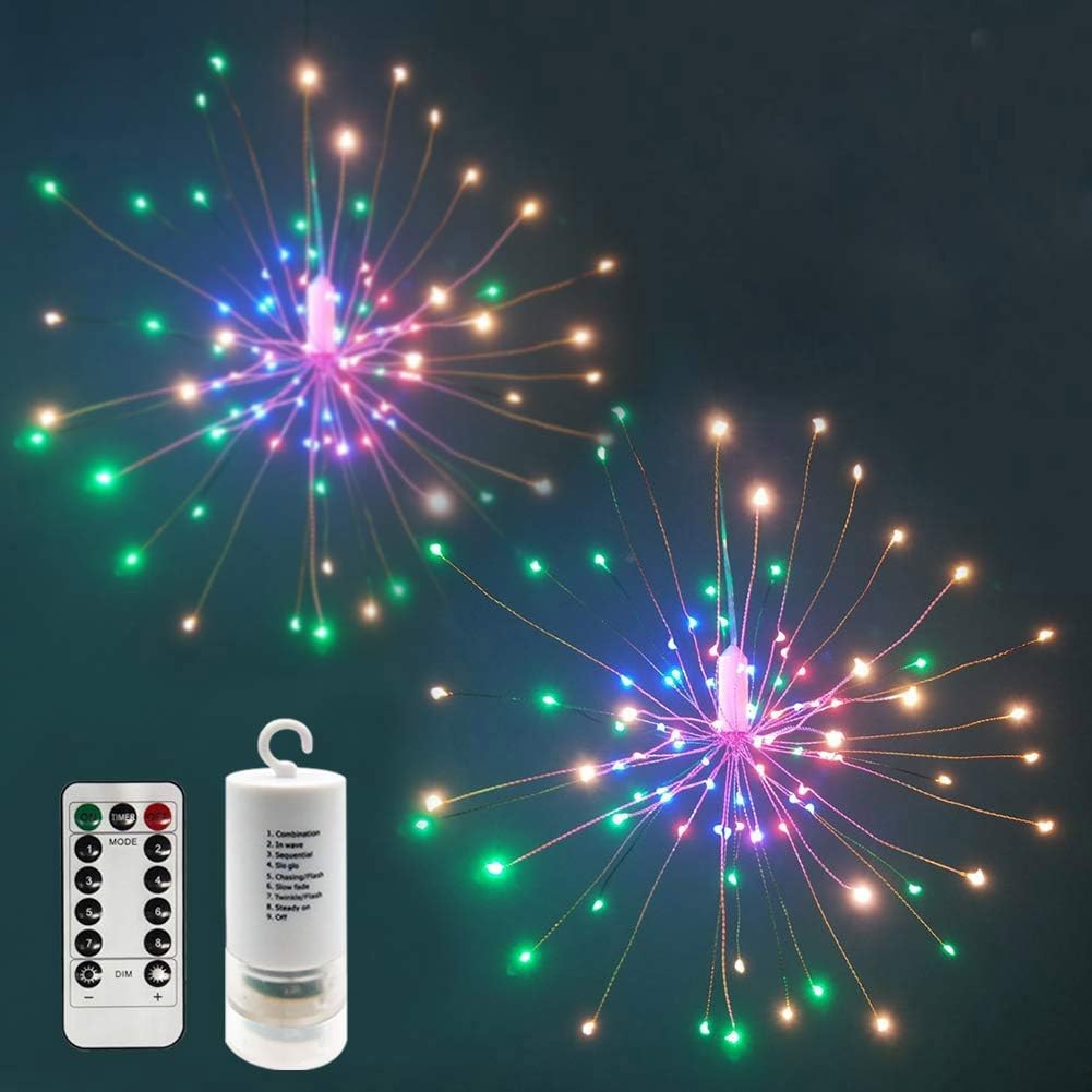 2 Pack 150 LED Fireworks Lights, Hanging Starburst Lights, Battery Operated Fairy String Lights with Remote Control for Christmas, Wedding, Party, Indoor, Outdoor (150 LED, Red, Yellow, Blue, Green)