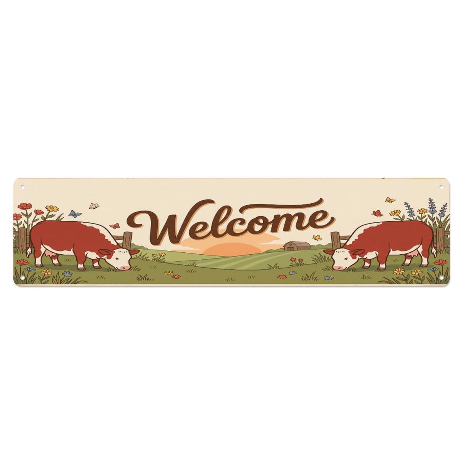 Vintage Welcome Hereford Cow Metal Tin Sign