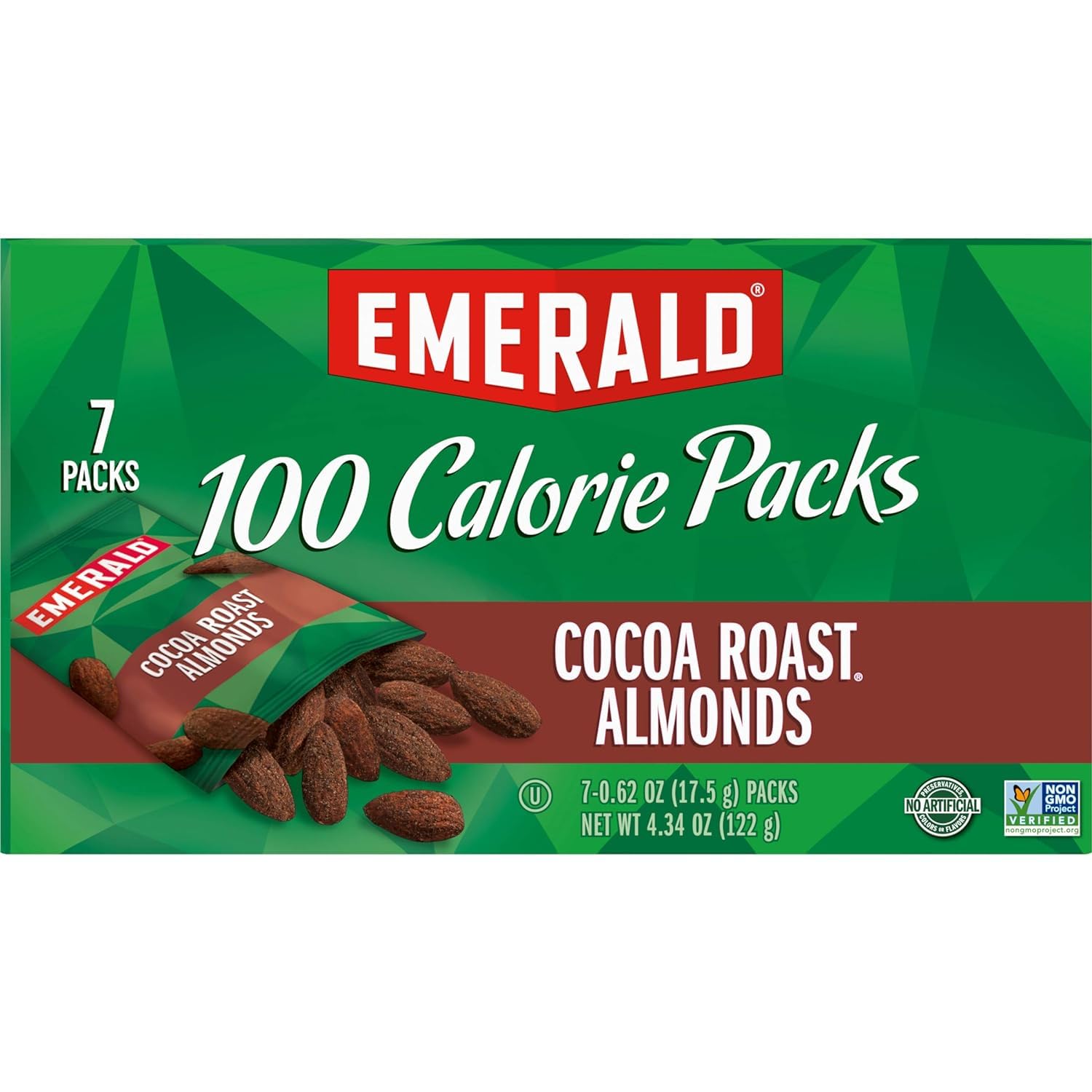 EmeraldNuts Cocoa Roast Almonds, 100 Calorie Packs, 7 Count, 4.34 Oz (Pack of 2)