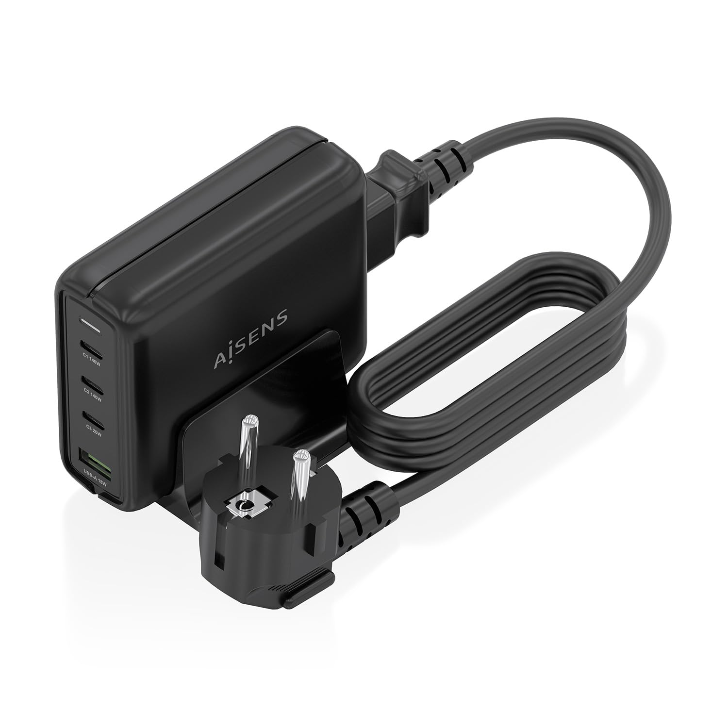 AISENS Cargador sobremesa GAN 140 W, 3 x USB-C PD3.1 QC4.0 QC5.0, 1 x USB-A QC3.0, Negro