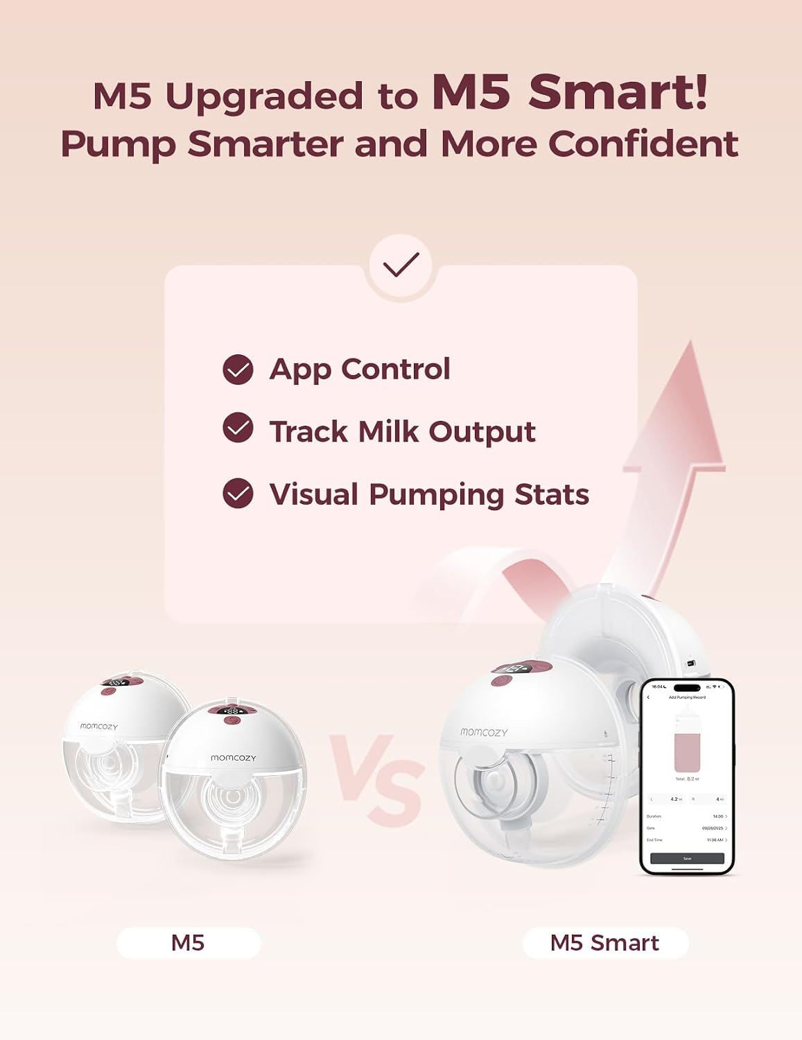 Momcozy M5 Smart APP Controlled Wearable Breast Pump, Hands-Free Wireless Electric Pump, 3 Modes 9 Suction Levels, BPA-Free, Portable Lightweight, 24mm Flange, 1-Pack Cozy Red