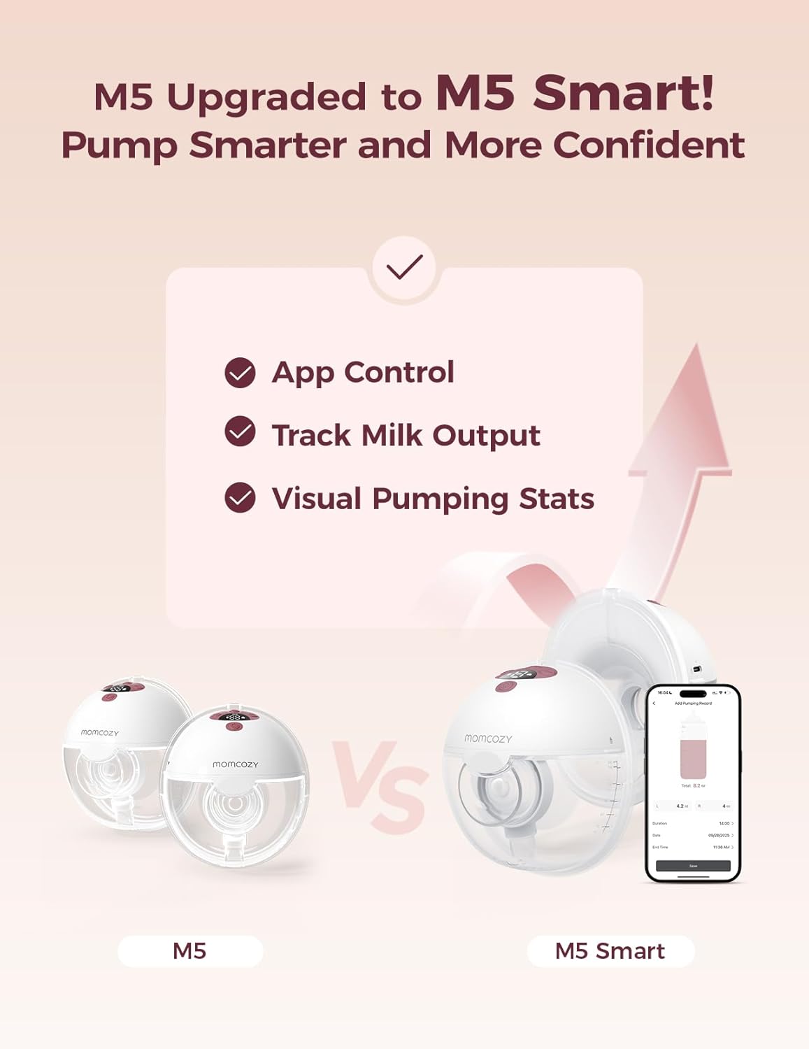 Momcozy M5 Smart APP Controlled Wearable Breast Pump, Hands-Free Wireless Electric Pump, 3 Modes 9 Suction Levels, BPA-Free, Portable Lightweight, 24mm Flange, 1-Pack Cozy Red 1 Count-APP Cozy Red