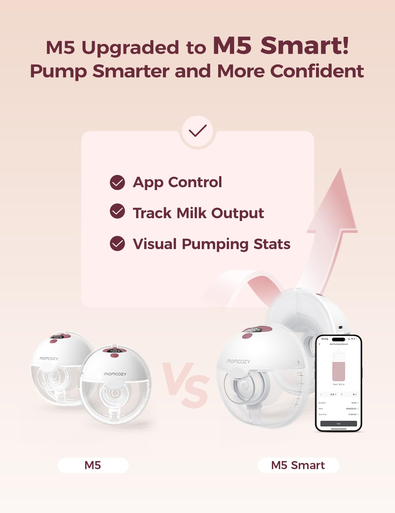 Momcozy M5 Smart APP Controlled Wearable Breast Pump, Hands-Free Wireless Electric Pump, 3 Modes 9 Suction Levels, BPA-Free, Portable Lightweight, 24mm Flange, 2-Pack Cozy Red: 1 Count-APP Cozy Red