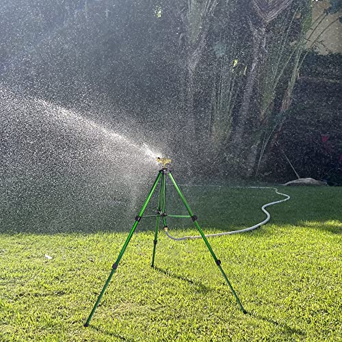 Biswing Impact Sprinkler Head On Tripod Base, Extends Up To 50 Inch Heavy Duty Lawn Sprinkler, 360 Degree Large Area Irrigation, Adjustable Coverage Brass Nozzle Alloy Metal Tower Sprinkler, 1 Pack #TOP3