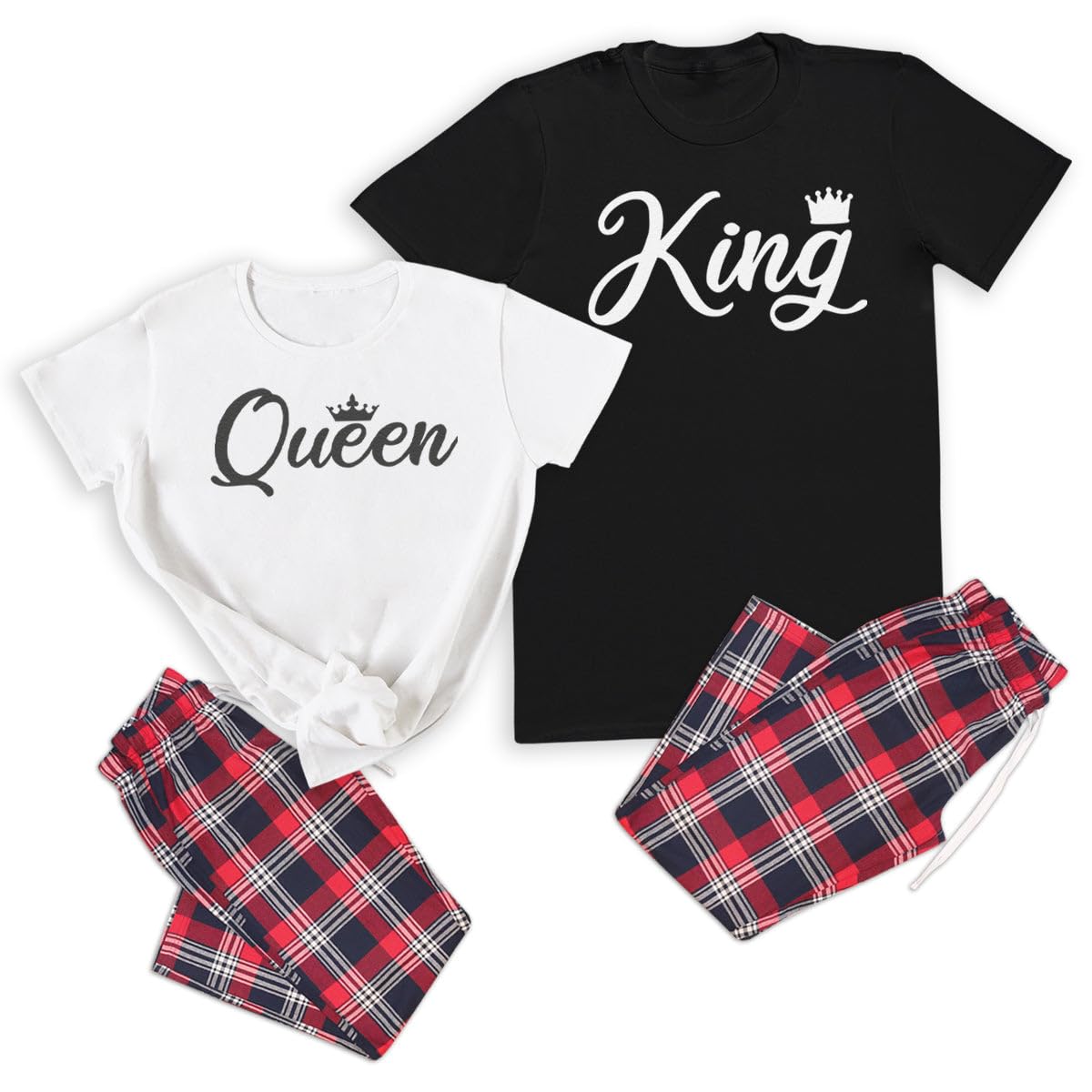 The Gift Project King & Queen Crown - Couples Matching Pyjamas - Top & Tartan PJ Bottoms - (Sold Separately) Black