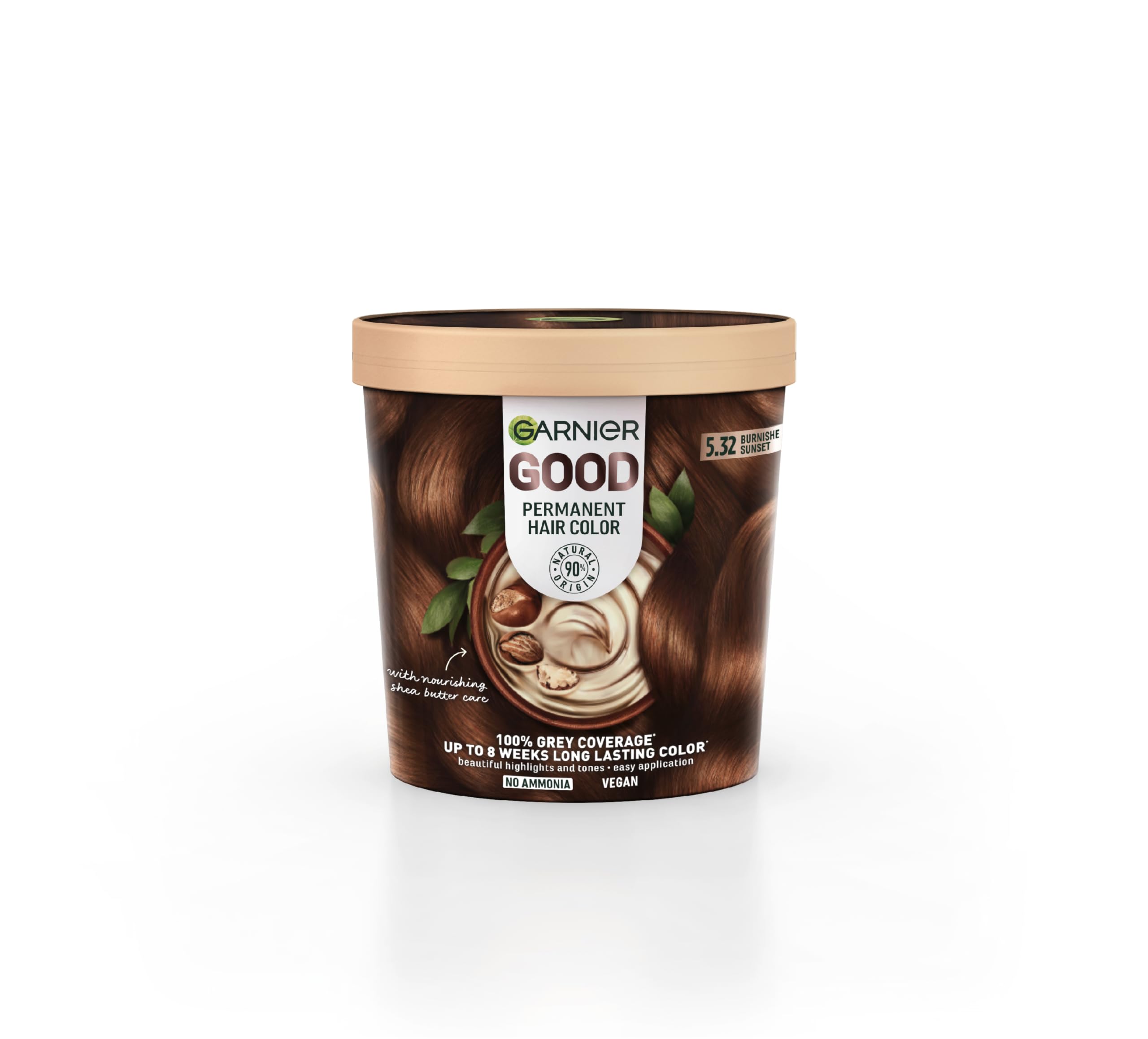 Garnier GOOD Permanent Hair Dye, 5.32 Maple Brown. Provides 100% grey coverage and 8-week colour. No ammonia, vegan shea butter formula for vibrant, warm results on all hair types.