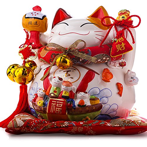Large Size Ceramic Thriving Business Maneki Neko Lucky Cat(Beckoning Cat),Best Gift for Business Opening,Feng Shui Decor Attract Wealth and Good Luck