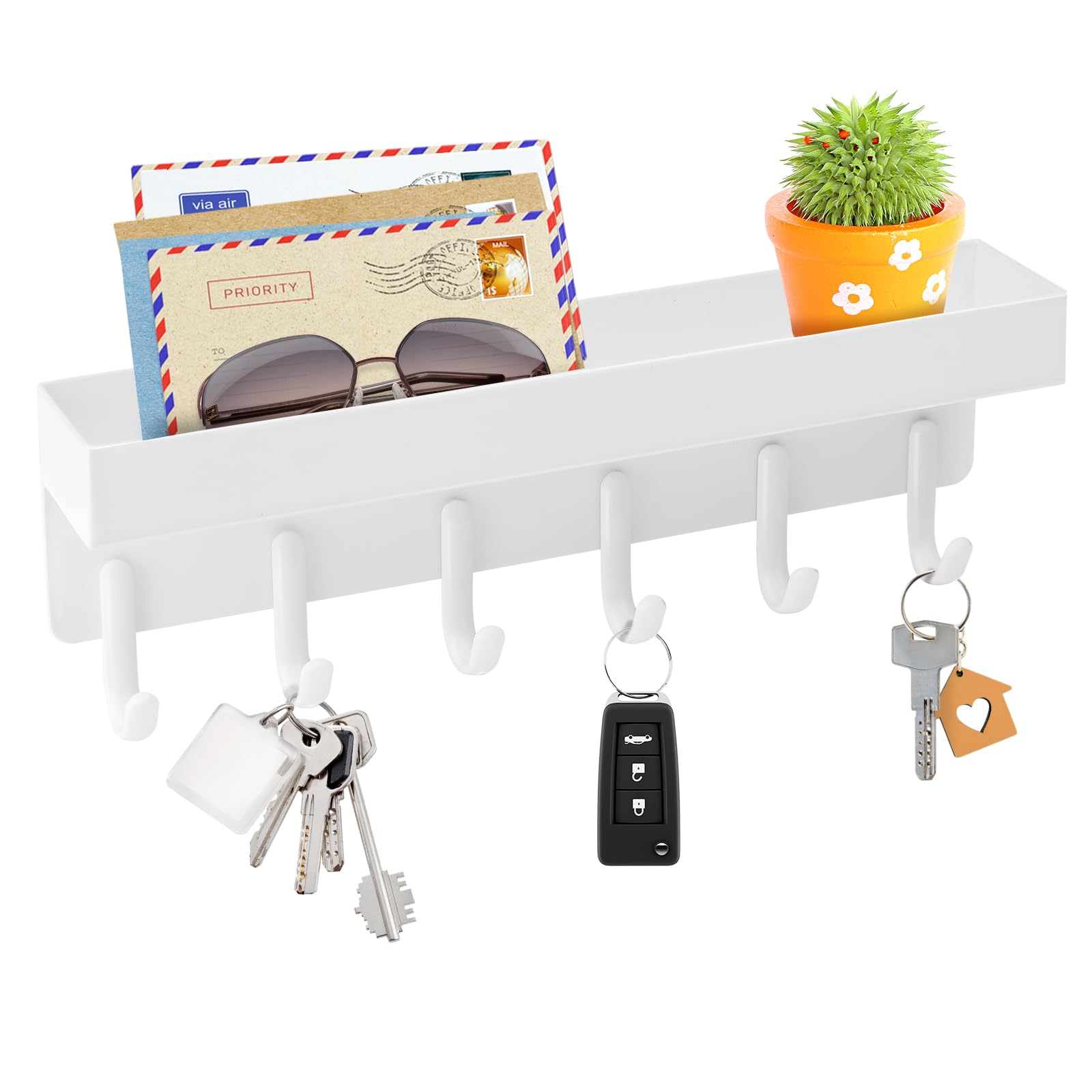 VIS'V Key Holder Wall Mount, Compact Adhesive Key Rack with Tray, 6 Hooks, 2 Mount Options, White