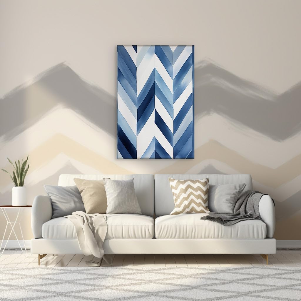 Canvas for Living room. Ascending Serenity in Shades of Blue � A Chevron Pattern's Abstract Journey, 27 x 18 inch Canvas Wall Art - Ready to Hang - 69x46 cm (27x18 inch)