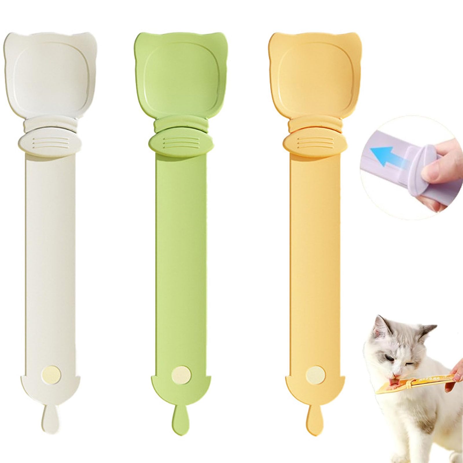 Cat Treat Spoon Squeeze, Cat Squeeze Treat Spoon, Cat Treat Squeeze Spoon Dispenser, Cat Strip Feeder, for Cat Liquid Snack Lickable Cat Feeding, Cat Sliding Dispense (Green + Yellow + White)