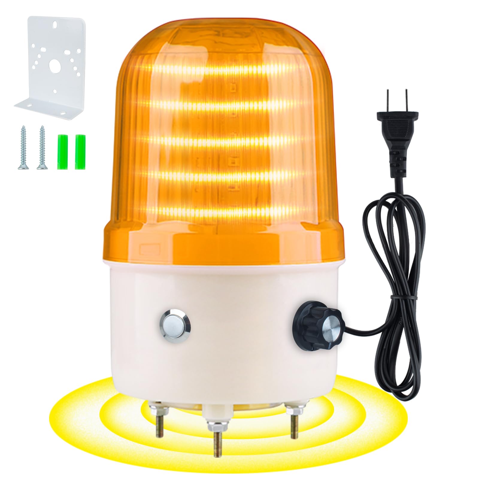 Industrial LED Rotating Warning Light, AC110V Amber Strobe Light for Public Emergency Alarms, Indoor/Outdoor Safety Siren with Volume Adjustment/Plug and Buzzer (Amber PRO(0-130dB,AC110V))