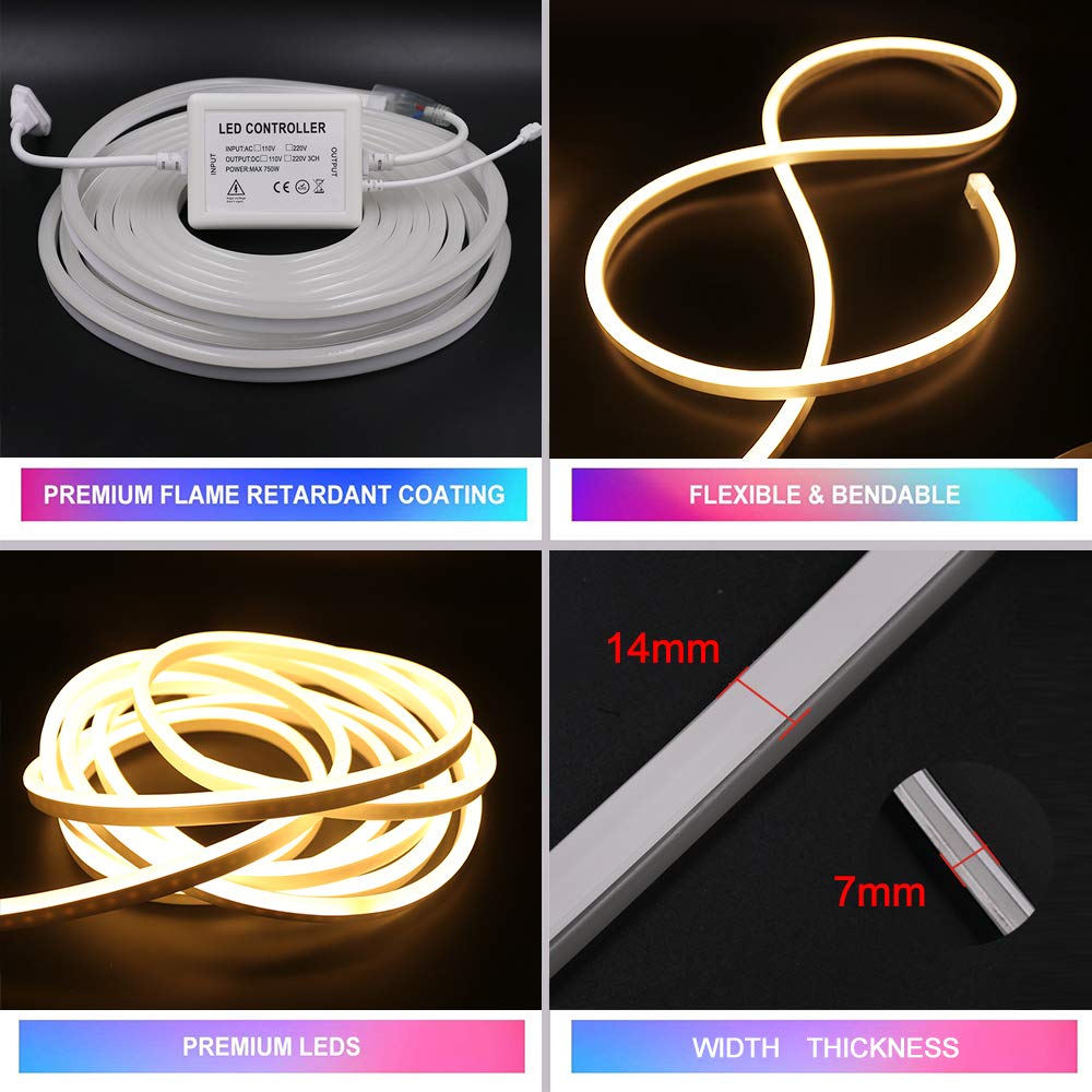 XUNATA 18m Tira de Luz de Neón LED Regulable con Control Remoto IR de 23 teclas y Fuente de Alimentación de Transformador, Brillo Ajustable, Blanco cálido