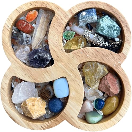 Bandeja de madera con flores de cristal para piedras, muestra tus cristales y piedras curativas, soporte de cristal para exhibición de piedras,