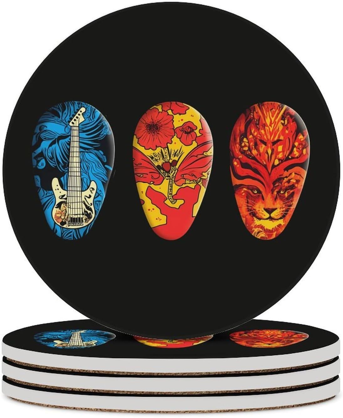 Guitar Pick Coasters for Drink Round Ceramic Coaster with Cork Base Home Decorative 6PCS