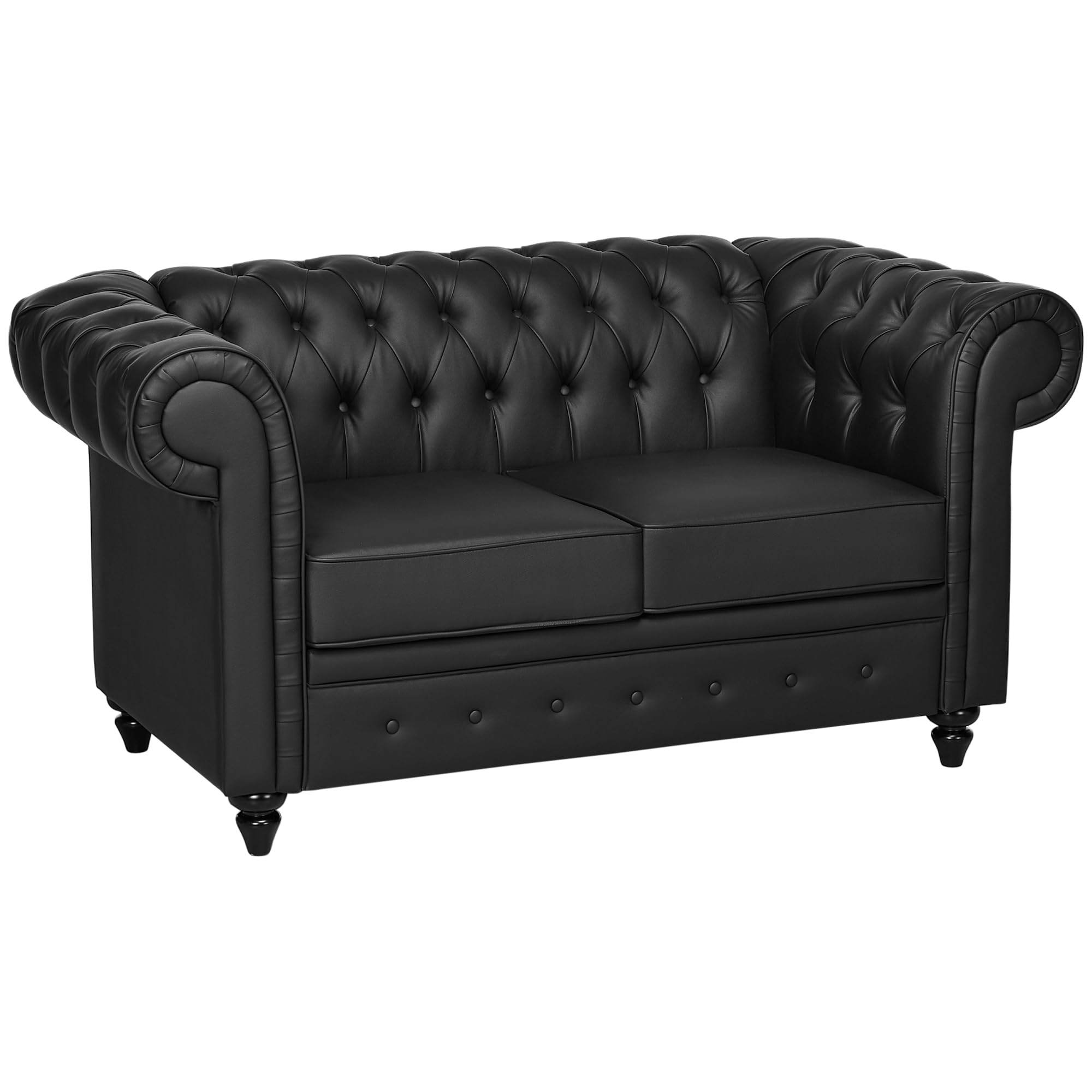 HOMCOM Divano 2 Posti Stile Chesterfield in Finta Pelle, Divanetto da Salotto Trapuntato con Braccioli e Imbottitura Spessa, Sofà con Gambe in Legno di Gomma per Soggiorno e Ufficio, Nero