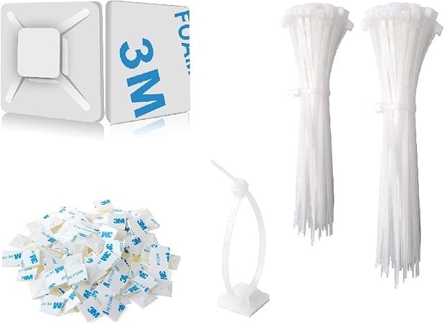 SZXULI 200Pcs White Cable Ties Set 120mm/150mm and 100Pcs Strong Self Adhesive Base Pads, Pack Heavy Duty Tie Wraps, UV-Resistant, Nylon Plastic Zip Tie for Home Office Garage Workshop