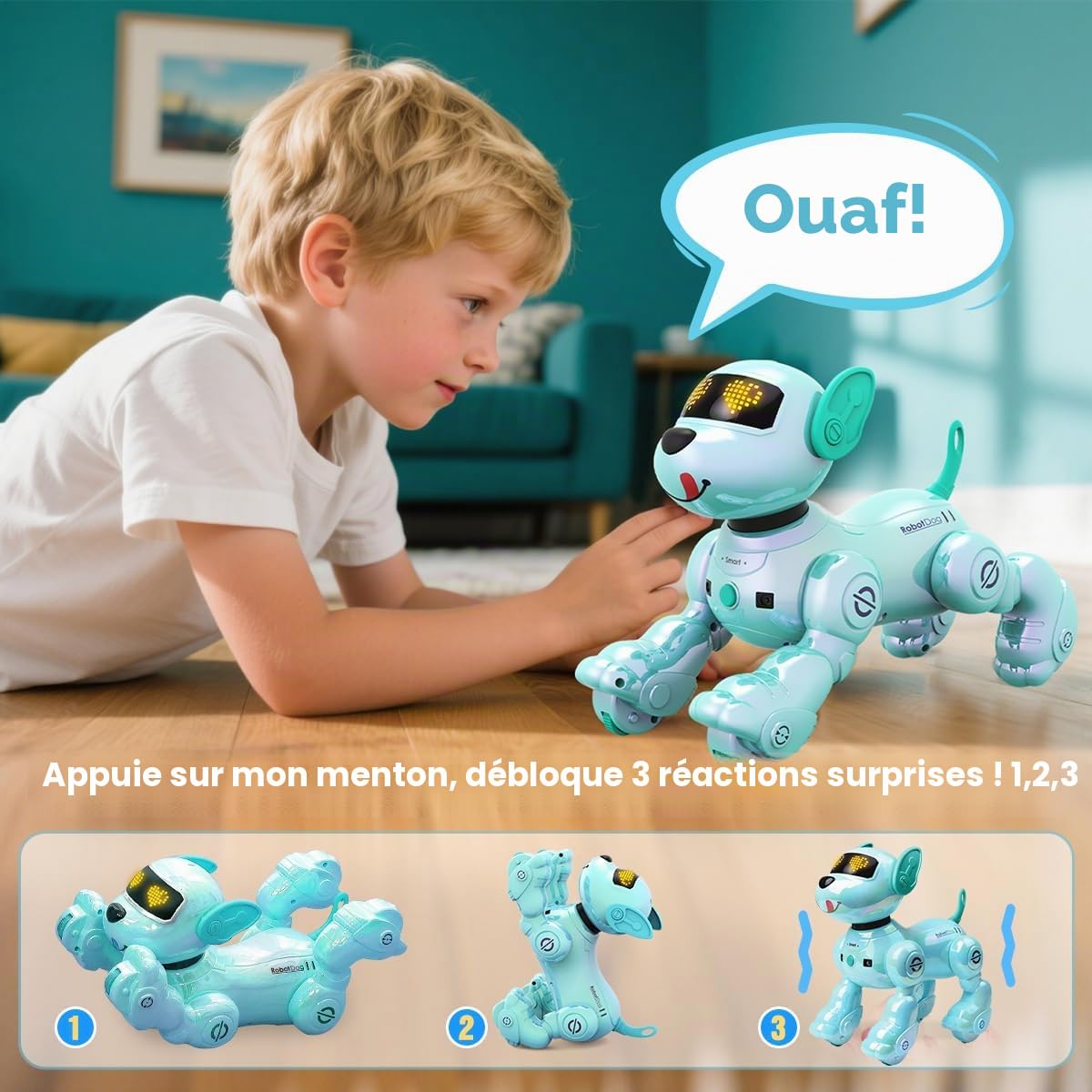VATOS Chien Robot Rechargeable pour Enfants, Chien Robotisé Télécommandé, Programmable, 17 Fonctions Interactives et Volume Réglable, Jouet Robot Chiot Chantant et Dansant Cadeau pour Enfants, Blue