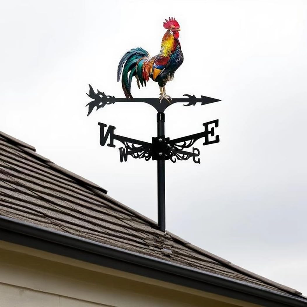 Wetterfahne aus Metall, Hahn, Hof, Scheune, Ornament, buntes Dach, lebendiger Hahn, Windrichtungsanzeiger, Garten-Kunstdekor für den Außenbereich (CKB)