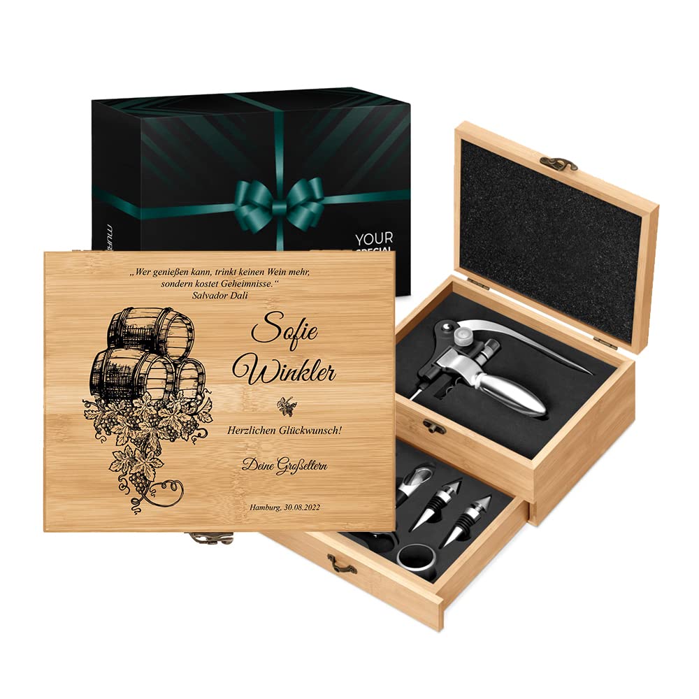 Maverton Weinöffner-Set personalisiert Weinset Sommelier Set - Geschenkbox Holzbox + 8er Weinzubehörset - aus Bambus - Braun - Geschenk zum Geburtstag für Frauen - Weintraube