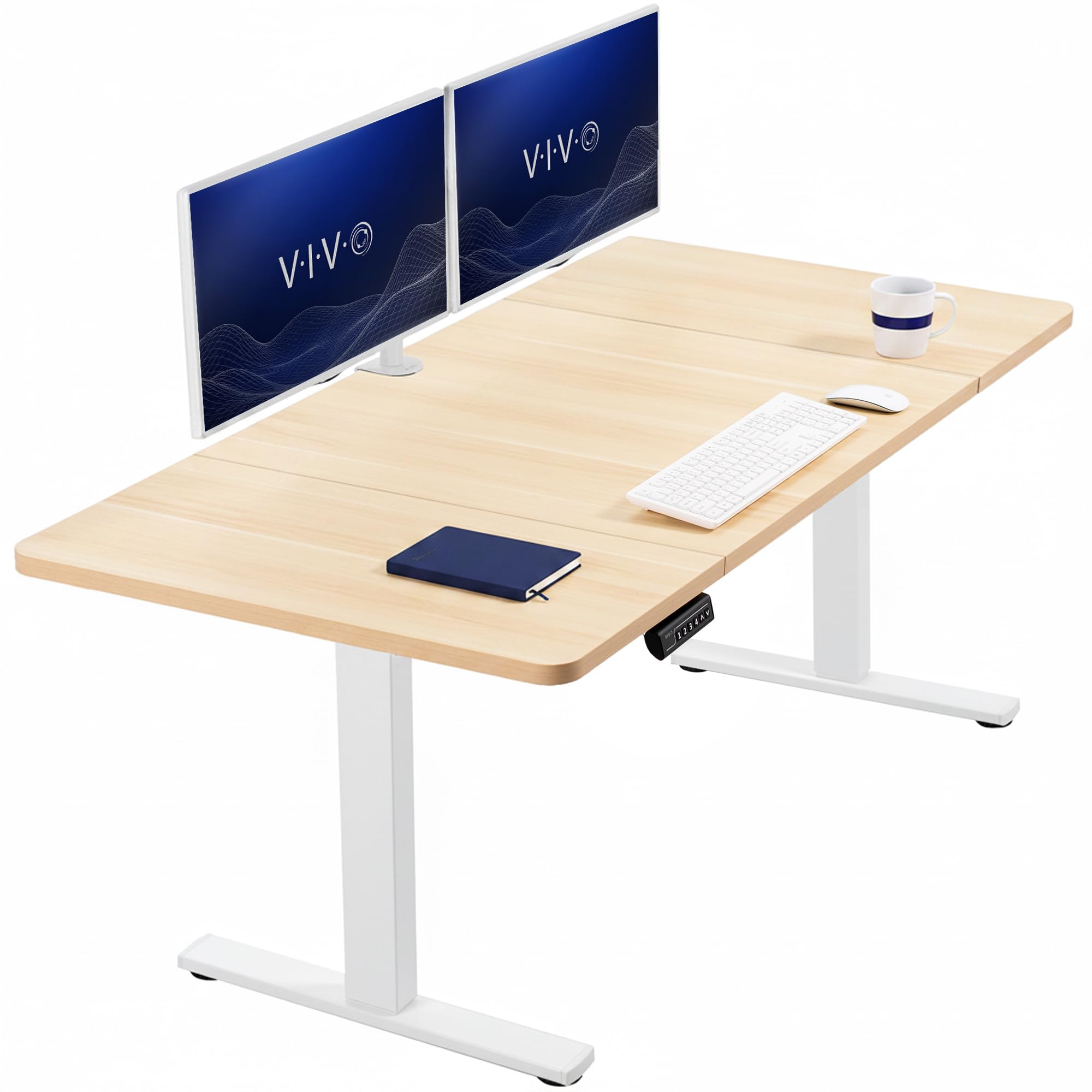VIVO Light Wood 60 x 30 in Standing Desk, DESK-KIT-1W6C-30 | Electric, Holds 220 lbs, Sit Stand, Height Adjustable, Extra Deep Table Top, Memory Presets, 1B Series, White Frame