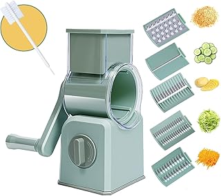5-in-1 Rotary Cheese Grater with Handle,Multifunctional Manual Vegetable Shredder with Interchangeable Blades,Strong Suction Base,Effortless Shredding for Cheese,Nuts,Fruits,Veggies (green)