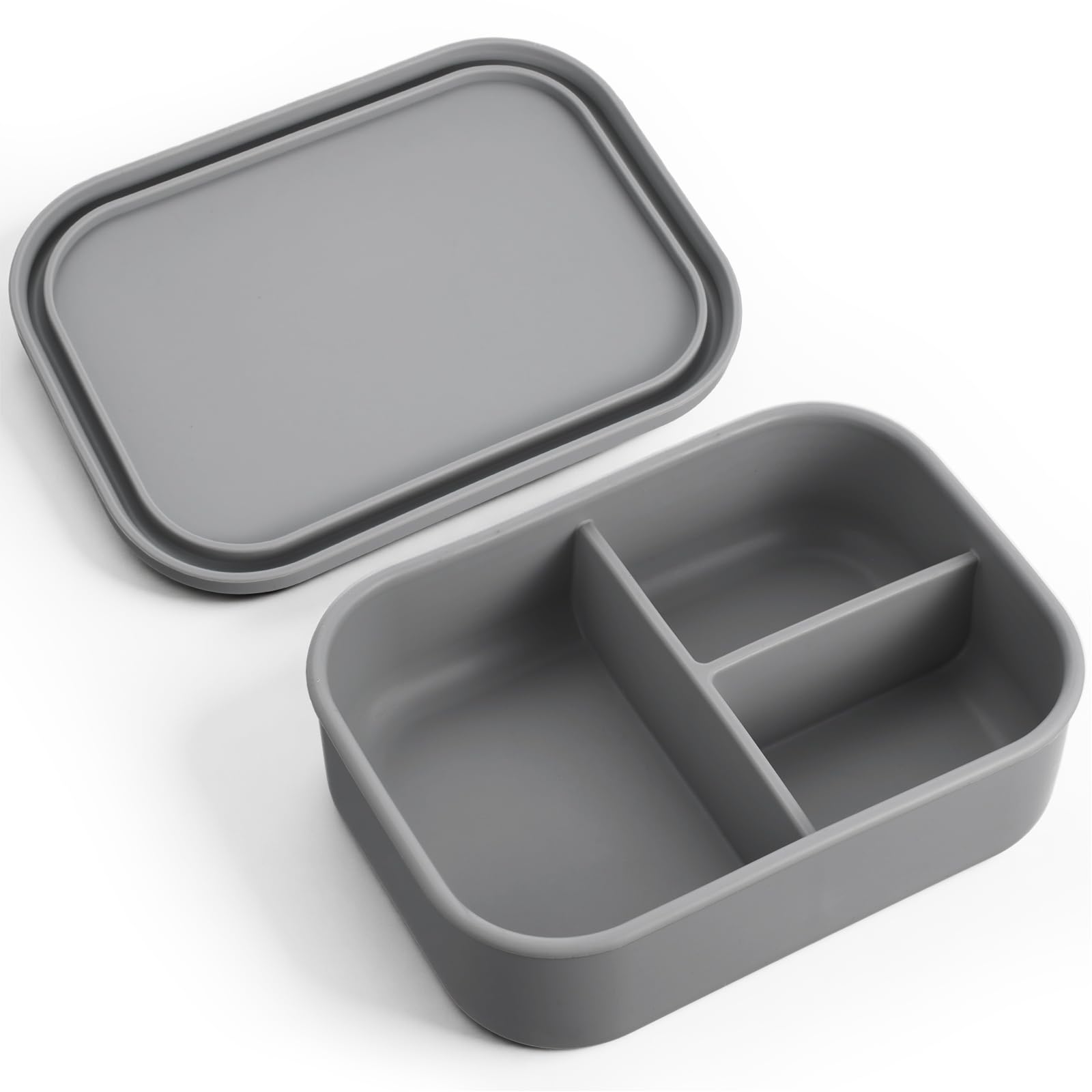 Layhit 1 Pcs Silicone Bento Box, 3 Compartments, Dark Gray