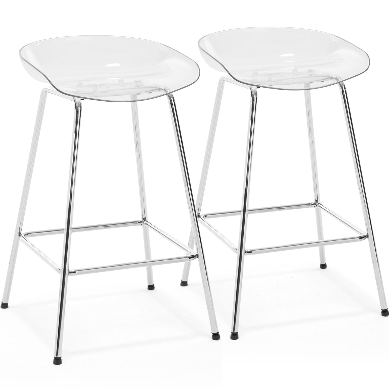 26" Counter Height Bar Stools Set of 2, Modern Backless Barstools with Clear Plastic Seat for Kitchen Island Breakfast Island Stools Bar Chairs, Chrome Metal Legs