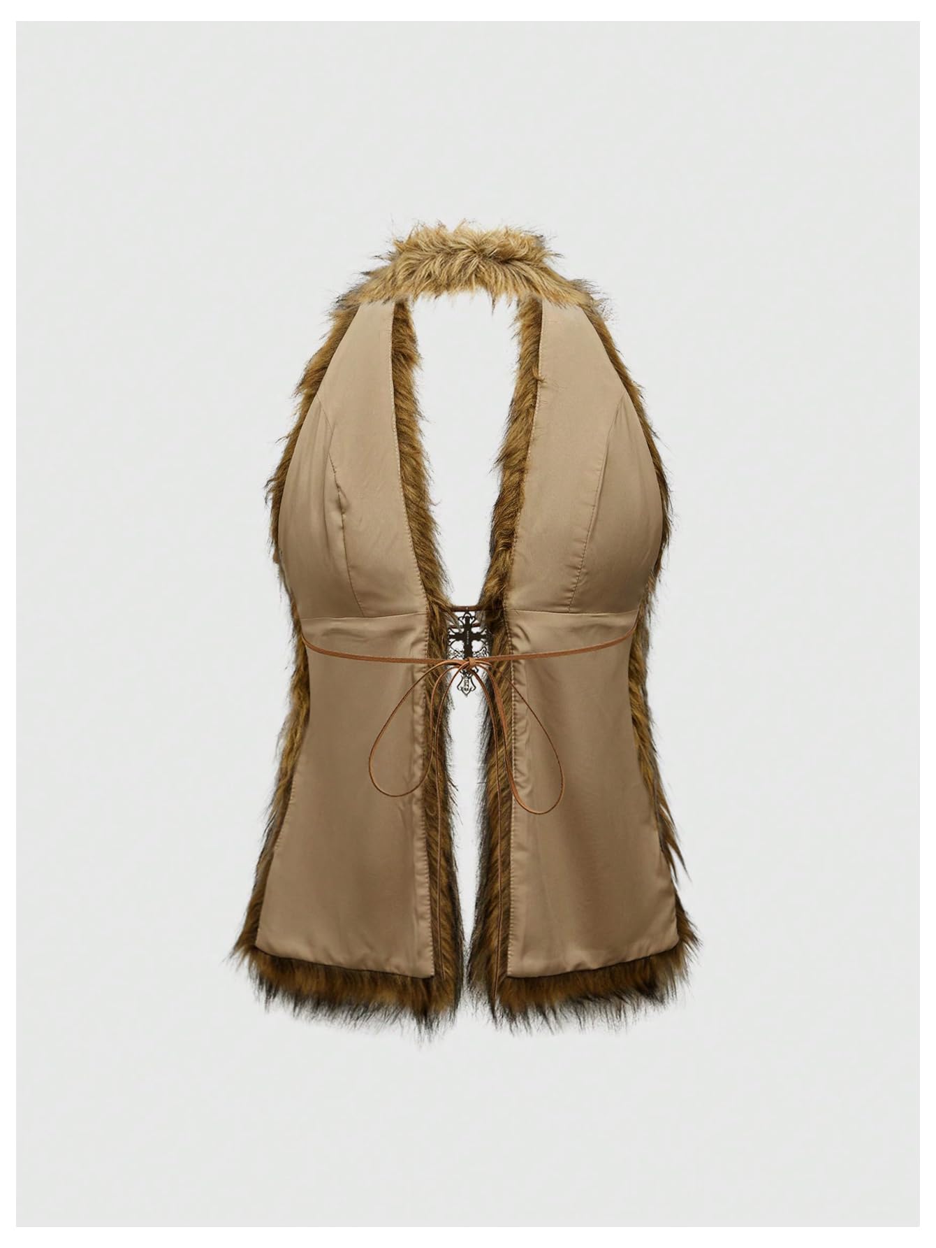 WDIRARA Women's Faux Fur Halter Vest Sleeveless Tie Backless Fuzzy Tank Top Rave Party Sexy Y2K