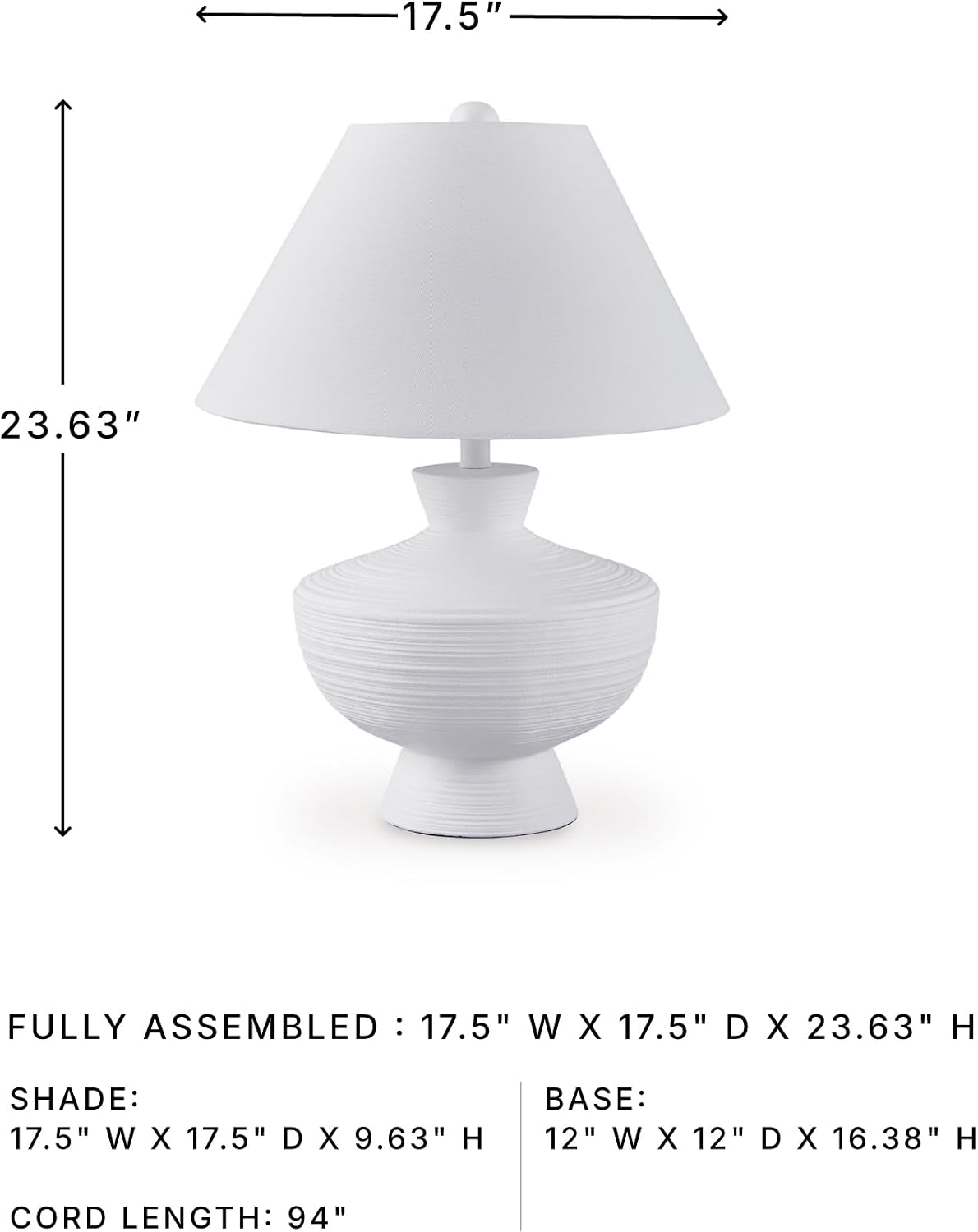 Signature Design by Ashley Harelwood Modern White Textured Table Lamp, 3-Way Switch, Plastic and Polyresin Sculptural Base with Cotton Fabric Shade, Living Room & Bedroom, Sanded White, 24" H