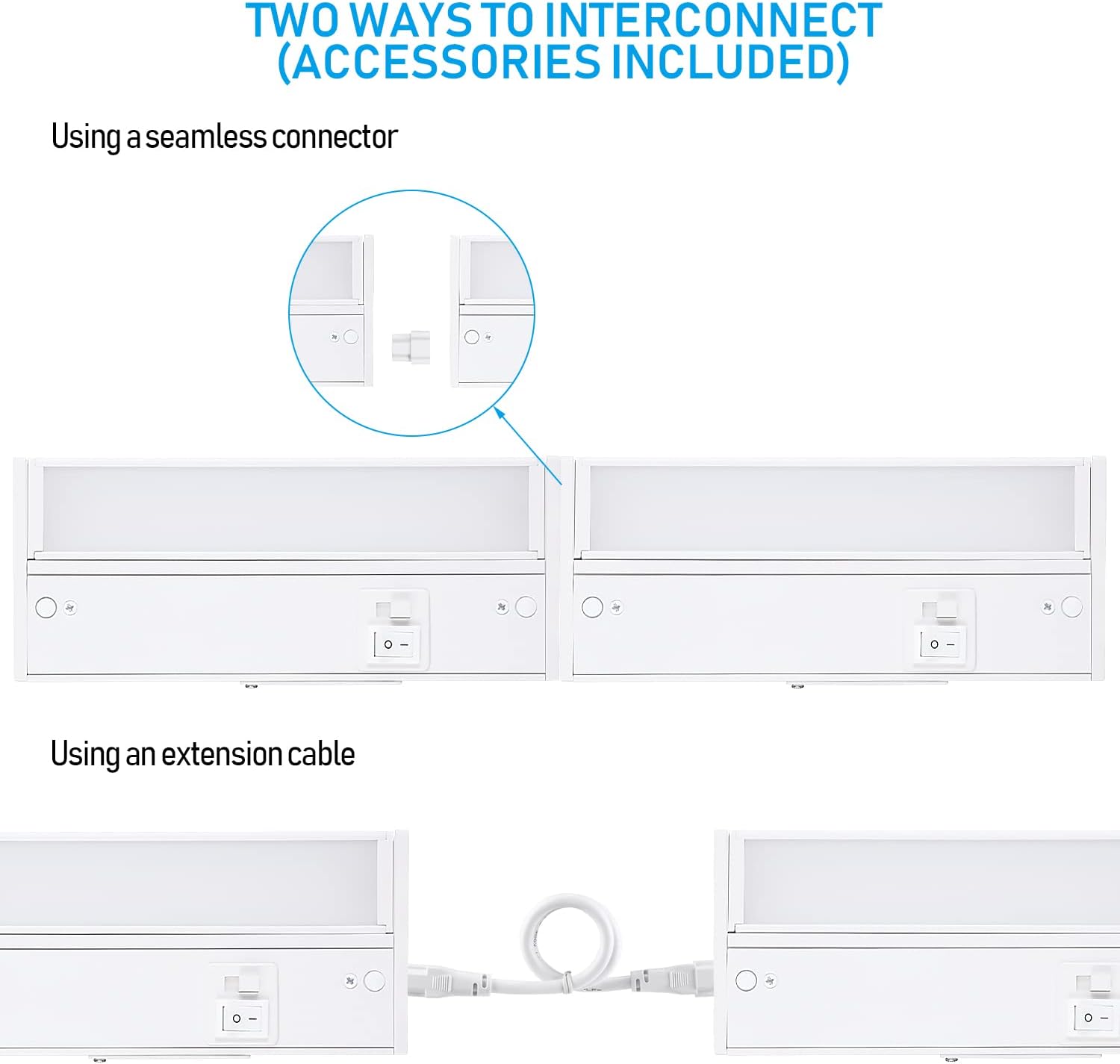 TORCHSTAR FlexiBright Series Rotatable LED Under Cabinet Lighting, 8 Inch 6W 450LM, Hardwired & Plug-in, 120V ETL Listed Dimmable Under Counter Lights, White Aluminum Housing, 3K/4K/5K, Pack of 2