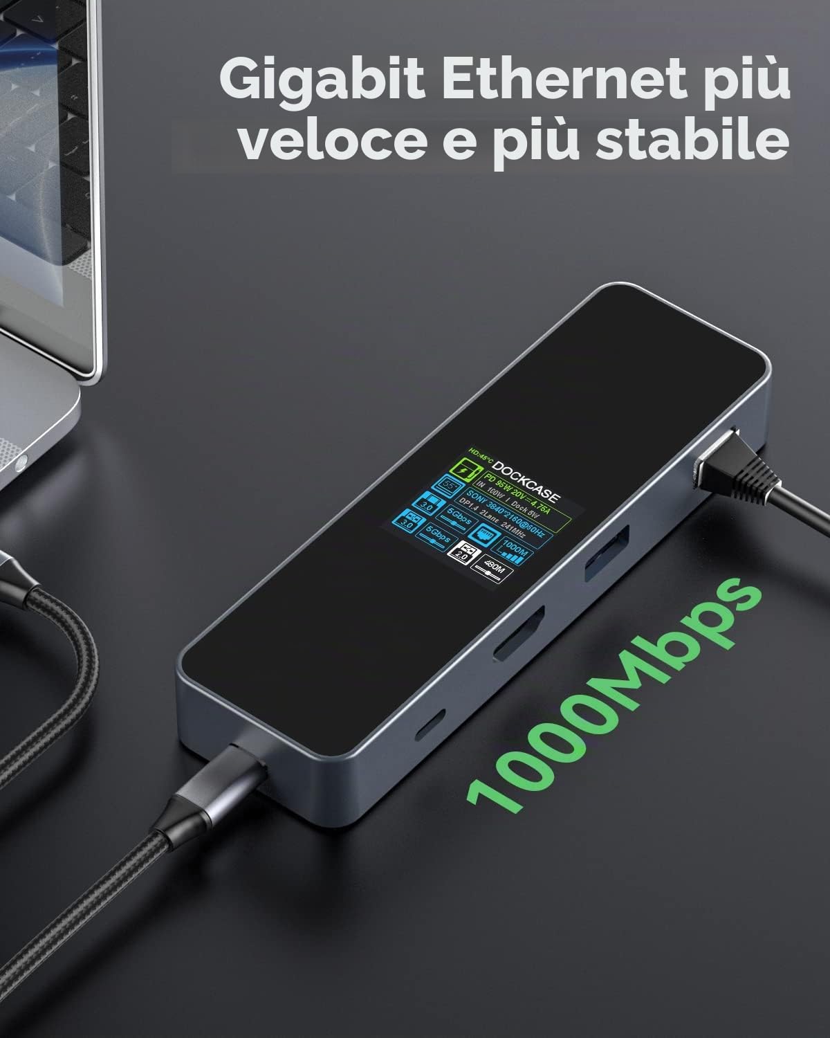 DOCKCASE Smart Hub 6-in-1, Ethernet Gigabit, HDMI 4K@60Hz, PD 3.0 100W, USB-C e 2 USB-A 5Gbps, Adattatore Multiporta per MacBook Pro/Air, Dell XPS