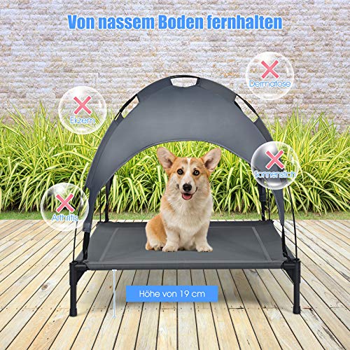 GOPLUS Hundeliege mit Dach, Erhöhtes Hundebett, Haustierbett mit Eisenrahmen, Wasserdichtes Hundesofa, Katzenbett mit Sonnensegel, rutschfeste Fußpolster, für Indoor & Outdoor (90x81x86cm)