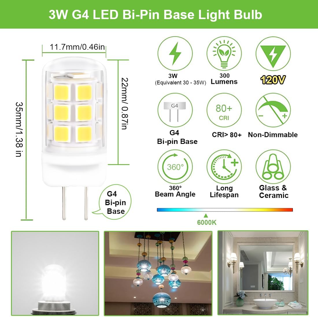 5 PCS -120V G4 LED Light Bulbs 3W JC Bi-Pin Base(Not Low Voltage 12V) 30W-35W Halogen Replacement Bulbs 120V for Under Cabinet Ceiling Table Wall Puck Lights (Daylight White, 5 Pack)