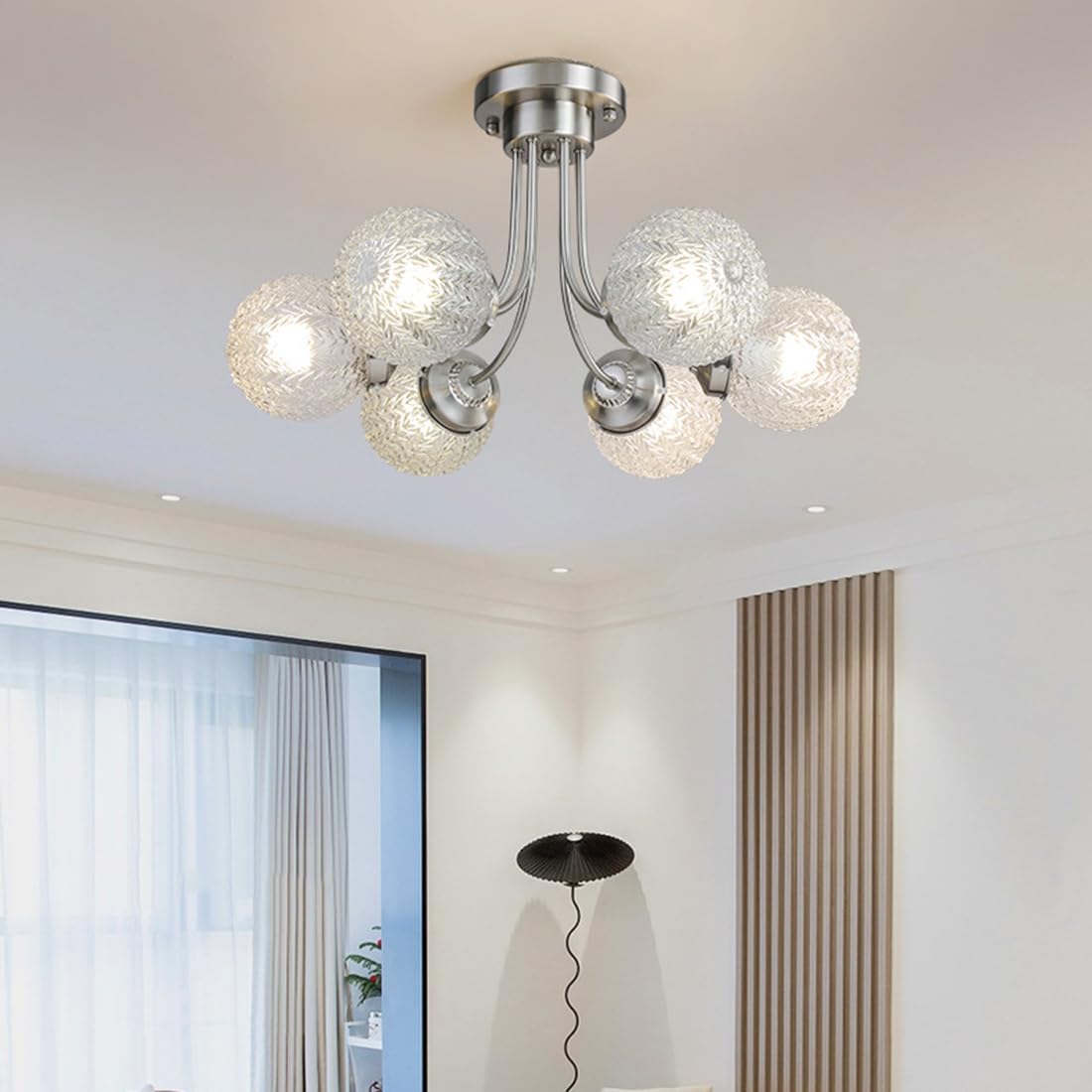 Lampy sufitowe do sypialni 6-Lights Gold Nowoczesne, częściowo podtynkowe lampy sufitowe ze szklanym kloszem w kształcie fali do sypialni, jadalni (chrom