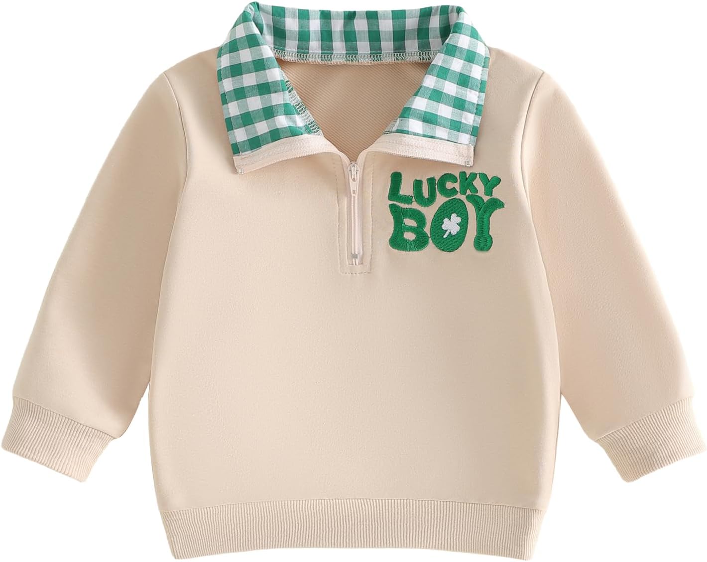 Toddler Boys St Patricks Day Clothes Long Sleeve Tractor Clover Embroidery Sweatshirt Plaid Collared Zipper Shirt