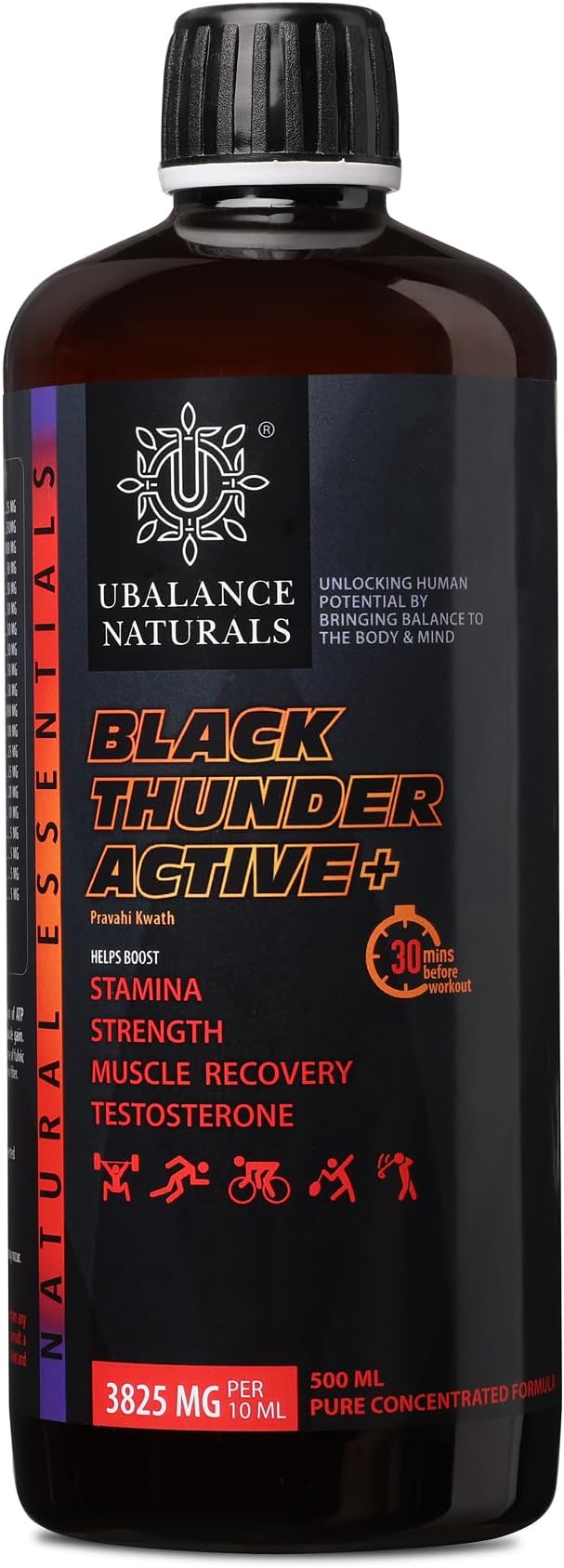 Black Thunder Active+ 3825MG Testo Supplement for Men with Shilajit Ashwagandha Gokshura Safed Musli Herbal Muscle Gainer Energy Drink, Stamina No Sugar No Caffeine (250ml)