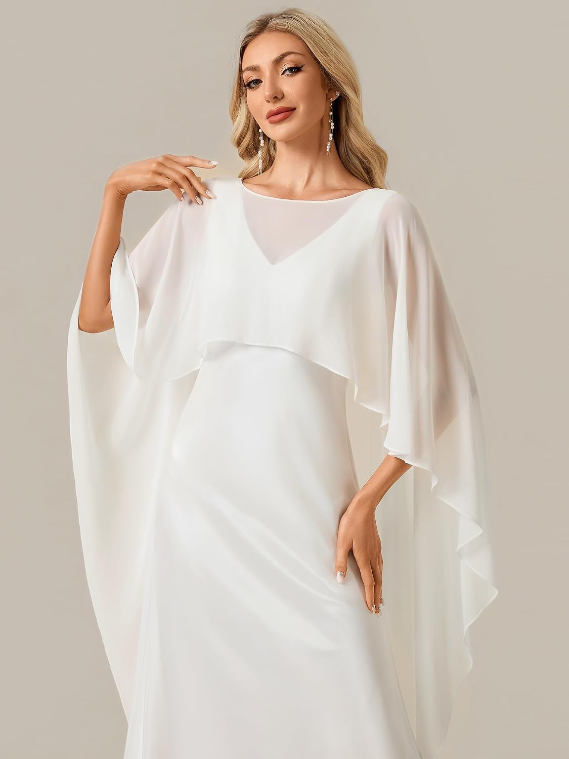 Ever-Pretty Women's Crew Neck Cape Sleeves Wedding Dress Chiffon Floor Length Sheath Gown for Bride 02700