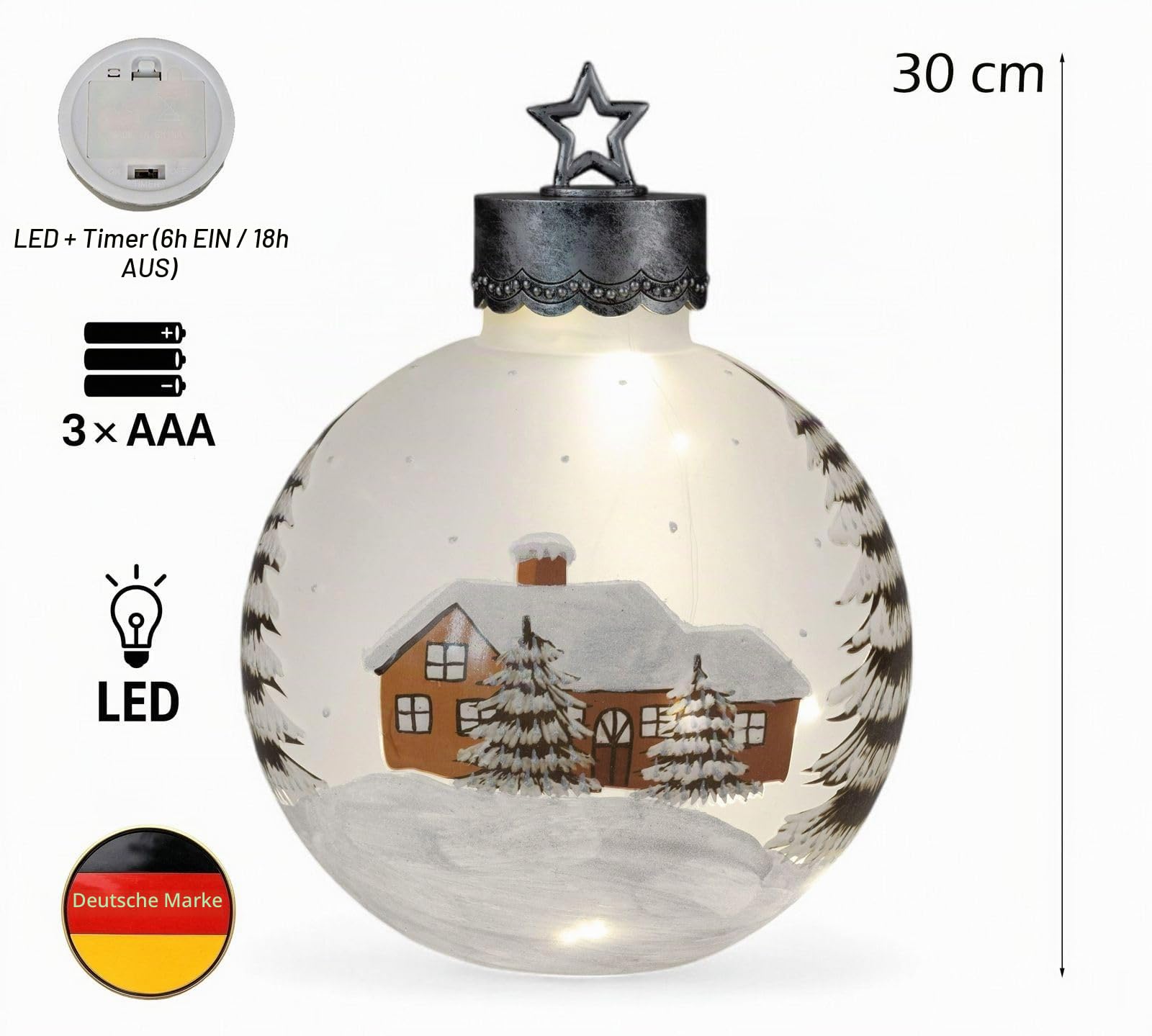 formano XXL LED Deko-Kugel 30 cm Winterdekor Glaskugel Timer 6 h/18 h beleuchtet - Batteriebetrieben - Herbst Winter Weihnachtsdeko für Tisch Regal Fensterbank