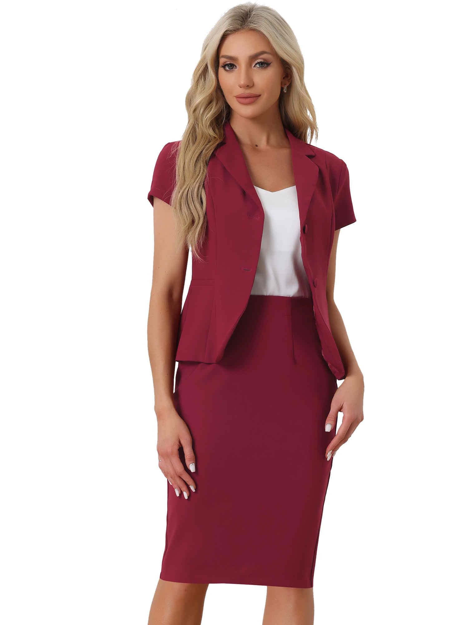 Allegra K Women's Business Skirt Suit Set Work Office Short Sleeve Blazer Jacket Pencil Skirt