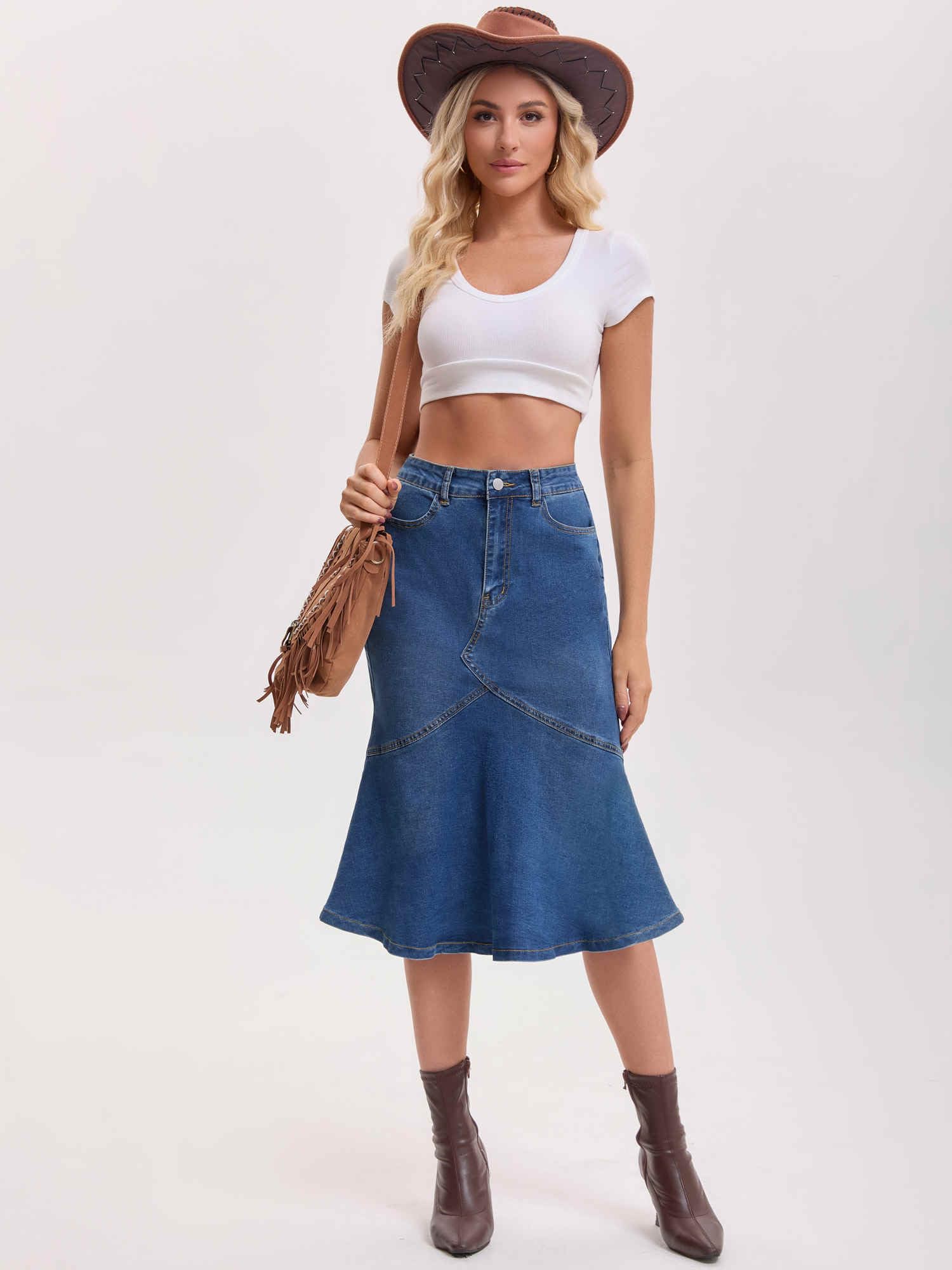 Damen Midi Jeansrock mit Fischschwanzsaum