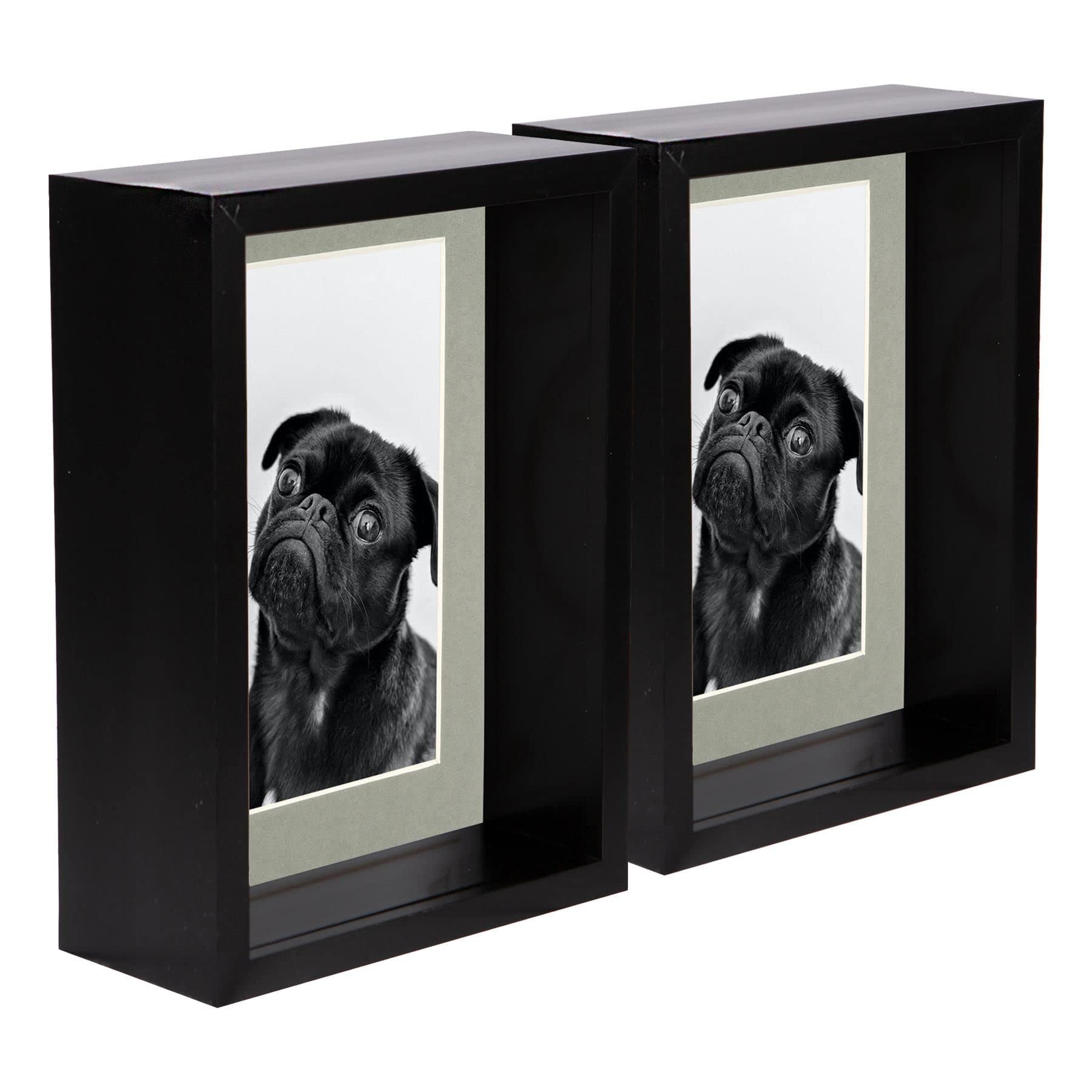 Nicola Spring 2x Black 5 x 7 inch 3D Deep Box Wooden Photo Frames with Grey 4 x 6 inch Mount - Standing Hanging Craft Shadow Memory Picture Display Case for Flowers Crafts Art Medal