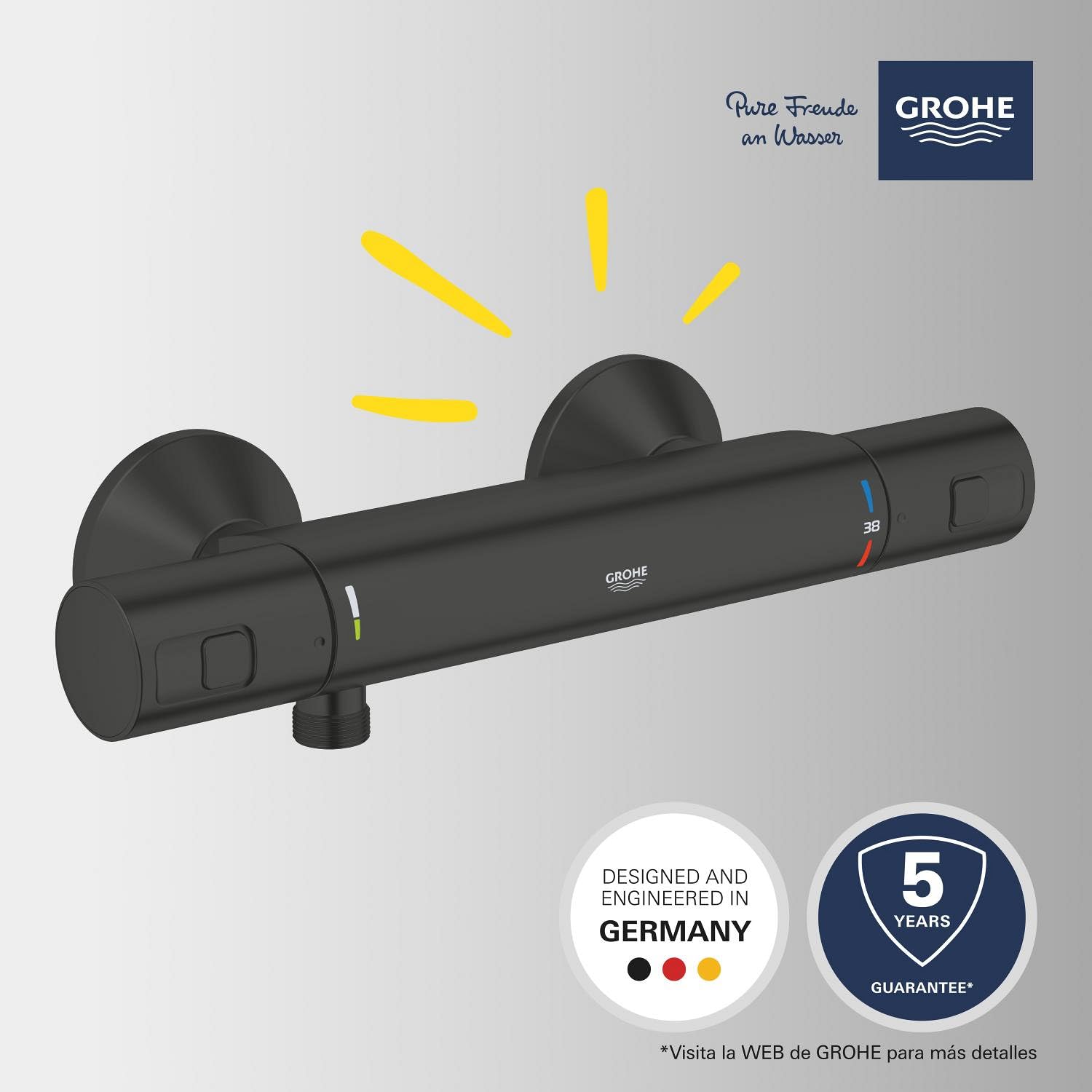 GROHE Precision Start Mezclador termostático para ducha QuickFix (montaje en pared, ahorro de agua, botón de seguridad a 38 °C), Negro mate 345942430