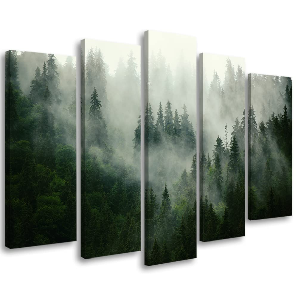 Feeby Bild Auf Leinwand 200x100 cm Wald im Nebel 5 tlg Modern Bilder Wandbilder Leinwandbild Kunstdruck Wohnzimmer Schlafzimmer Büro Flur Landschaft Natur Grün