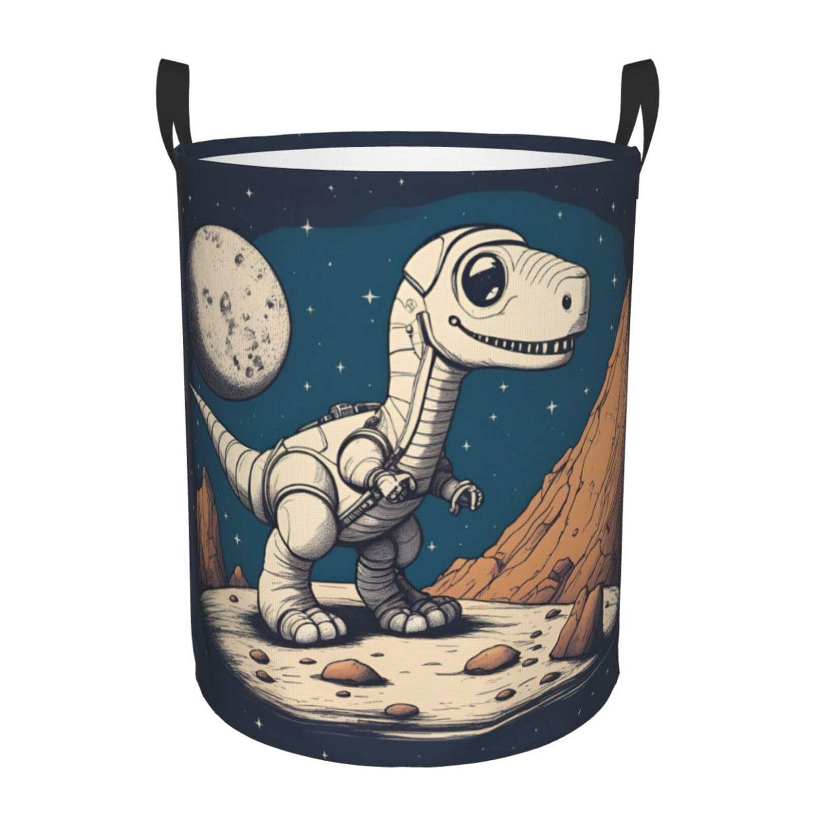 S Collapsible Laundry Hamper Round Funny Astronaut Dinosaur Rocke Print Storage