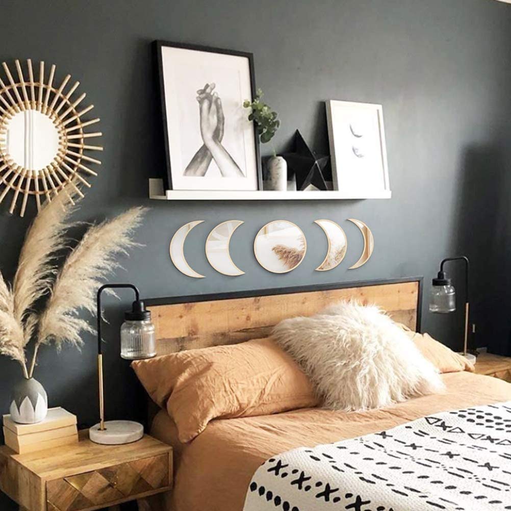 5 pezzi Decor Naturale acrilico Moonphase Specchi casa Design legno Moon Phase specchio boemo decorazione della parete