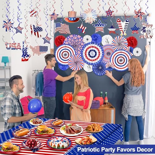 Image of 50 PCS 4th of July Patriotic Decorations in 33 Designs Red White Blue Decoration Paper Fans Pom Poms Flowers Hanging Swirls with Americans Flag Stars Memorial Day Independence Day Party Decor Favors